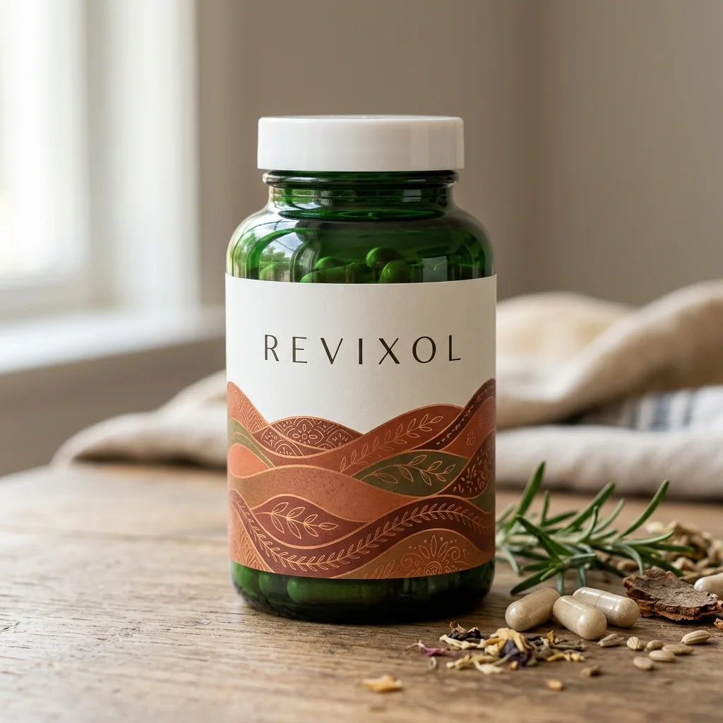 Revixol kosttillskott burk, mörk bärnstensbrun med orange etikett